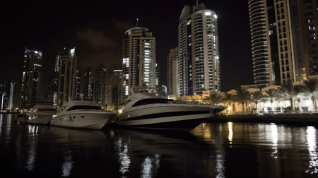 This stunning image captures the glittering skyline of Dubai Marina at night. The modern high-rise buildings are reflected in the calm waters of the marina, creating a magical and serene atmosphere.の素材