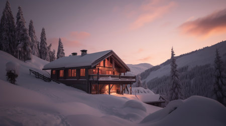 Beautiful winter scenery of a ski chalet and cabin surrounded by snow-capped mountains in Tyrol, Austria. The cozy wooden structures are nestled in the valley, with a clear blue sky and a snow-covered forest in the background. Perfect for winter sports and holiday vacation.の素材