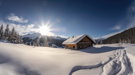 Beautiful winter scenery of a ski chalet and cabin surrounded by snow-capped mountains in Tyrol, Austria. The cozy wooden structures are nestled in the valley, with a clear blue sky and a snow-covered forest in the background. Perfect for winter sports and holiday vacation.の素材