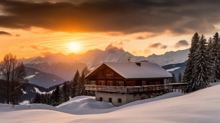 Beautiful winter scenery of a ski chalet and cabin surrounded by snow-capped mountains in Tyrol, Austria. The cozy wooden structures are nestled in the valley, with a clear blue sky and a snow-covered forest in the background. Perfect for winter sports and holiday vacation.の素材