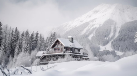 Beautiful winter scenery of a ski chalet and cabin surrounded by snow-capped mountains in Tyrol, Austria. The cozy wooden structures are nestled in the valley, with a clear blue sky and a snow-covered forest in the background. Perfect for winter sports and holiday vacation.の素材