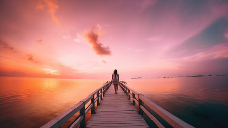 A person meditating on a footbridge by the sea at sunset, enjoying a journey of calmness and inner peace. The hormone-balancing effects of yoga and meditation combine with the beauty of the natural surroundings to create a peaceful atmosphere of relaxation and mindfulness. The silhouette of the person against the horizon and the reflection on the water enhance the feeling of harmony and tranquility. Perfect for illustrating wellness, nature, and meditation conceptsの素材