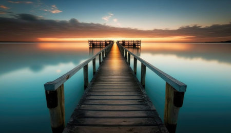 A person meditating on a footbridge by the sea at sunset, enjoying a journey of calmness and inner peace. The hormone-balancing effects of yoga and meditation combine with the beauty of the natural surroundings to create a peaceful atmosphere of relaxation and mindfulness. The silhouette of the person against the horizon and the reflection on the water enhance the feeling of harmony and tranquility. Perfect for illustrating wellness, nature, and meditation conceptsの素材
