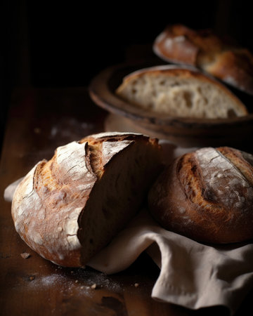 This image features a freshly baked loaf of bread made from sourdough and flour. The bread has a golden crust and is sliced diagonally, revealing its soft and chewy texture. It is placed on a wooden cutting board with a knife next to it. Perfect for food and baking related designs.の素材