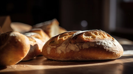 This image features a freshly baked loaf of bread made from sourdough and flour. The bread has a golden crust and is sliced diagonally, revealing its soft and chewy texture. It is placed on a wooden cutting board with a knife next to it. Perfect for food and baking related designs.の素材