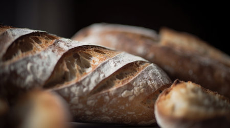 This image features a freshly baked loaf of bread made from sourdough and flour. The bread has a golden crust and is sliced diagonally, revealing its soft and chewy texture. It is placed on a wooden cutting board with a knife next to it. Perfect for food and baking related designs.の素材