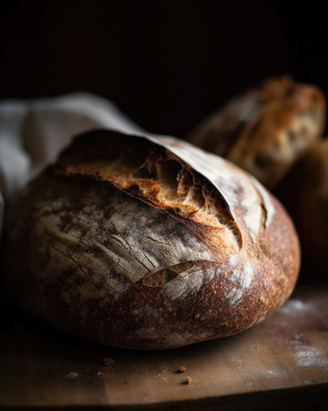 This image features a freshly baked loaf of bread made from sourdough and flour. The bread has a golden crust and is sliced diagonally, revealing its soft and chewy texture. It is placed on a wooden cutting board with a knife next to it. Perfect for food and baking related designs.の素材