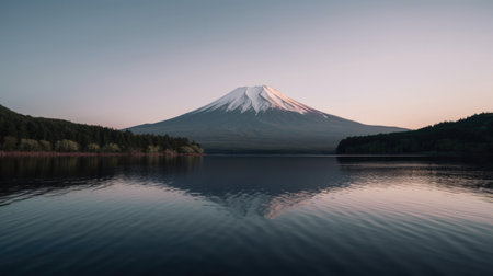 Scenic view of Mount Fuji and a wooden deck on the shore of Kawaguchi-ko Lake, Japan. The iconic mountain is reflected on the calm water of the lake, creating a serene and peaceful atmosphere. Perfect for travel, nature, and landscape concepts.の素材
