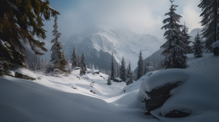 A serene winter landscape of the Bernese Alps with fresh snow covering the trees and mountains. The image captures the beauty of the Swiss Alps in winter, with a peaceful and tranquil atmosphere.の素材