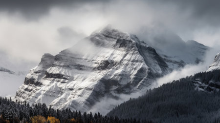 A serene winter landscape of the Bernese Alps with fresh snow covering the trees and mountains. The image captures the beauty of the Swiss Alps in winter, with a peaceful and tranquil atmosphere.の素材