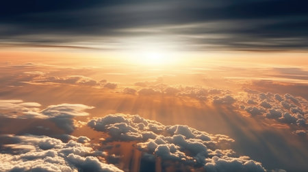A stunning sunset sky with dramatic light and clouds below, viewed from an airplane cabin. The warm colors of the sky contrast with the cool blues of the clouds, creating a beautiful and serene atmosphere. Perfect for travel, vacation, and nature themes.の素材