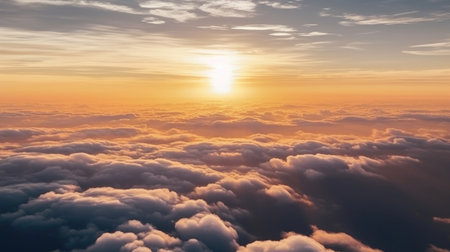 A stunning sunset sky with dramatic light and clouds below, viewed from an airplane cabin. The warm colors of the sky contrast with the cool blues of the clouds, creating a beautiful and serene atmosphere. Perfect for travel, vacation, and nature themes.の素材