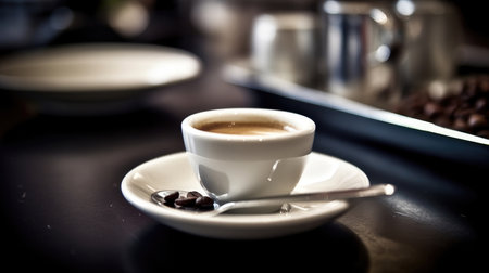 Close-up of a cup of freshly brewed espresso, with creamy foam on top and a dark background. Perfect for coffee lovers and baristas alike.の素材
