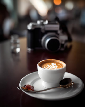 Close-up of a cup of freshly brewed espresso, with creamy foam on top and a dark background. Perfect for coffee lovers and baristas alike.の素材