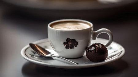 Close-up of a cup of freshly brewed espresso, with creamy foam on top and a dark background. Perfect for coffee lovers and baristas alike.の素材