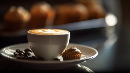 Close-up of a cup of freshly brewed espresso, with creamy foam on top and a dark background. Perfect for coffee lovers and baristas alike.の素材