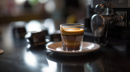 Close-up of a cup of freshly brewed espresso, with creamy foam on top and a dark background. Perfect for coffee lovers and baristas alike.の素材