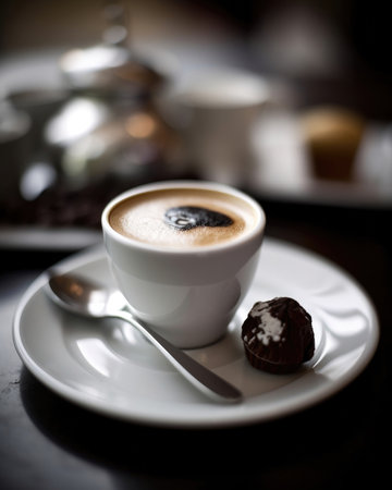 Close-up of a cup of freshly brewed espresso, with creamy foam on top and a dark background. Perfect for coffee lovers and baristas alike.の素材