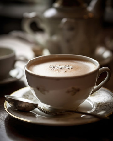 A close-up shot of a cup of cafÃ© au lait, with creamy foam and a rich coffee aroma.の素材