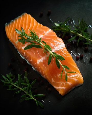 Closeup of a delicious and healthy fresh salmon fillet with aromatic herbs, spices and vegetables, ready to be cooked. Perfect for a balanced diet or cooking conceptの素材