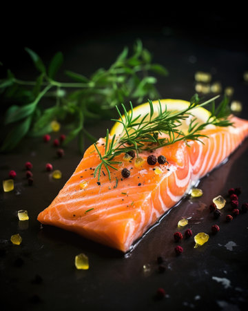 Closeup of a delicious and healthy fresh salmon fillet with aromatic herbs, spices and vegetables, ready to be cooked. Perfect for a balanced diet or cooking conceptの素材