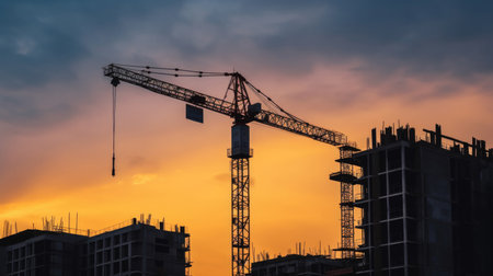A construction site with a big crane towering over the building frame against a beautiful dusky sky. The vibrant colors of the sky give a dramatic feel to the scene, making it perfect for any construction or architecture related concept.の素材