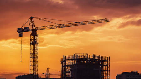 A construction site with a big crane towering over the building frame against a beautiful dusky sky. The vibrant colors of the sky give a dramatic feel to the scene, making it perfect for any construction or architecture related concept.の素材