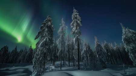 A mesmerizing display of the Northern Lights illuminating a snowy forest. This beautiful natural phenomenon is also known as Aurora Borealis and creates a stunning visual display in the night sky. The vibrant green, purple and pink hues of the aurora contrast beautifully against the white snow and the dark sky. This image captures the beauty and magic of the Northern Lights in a winter landscapeの素材