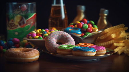 Colorful junk food snacks like chips, donuts, and candy laid out on a table with a cold beer bottle. Perfect for a party or bar scene.の素材