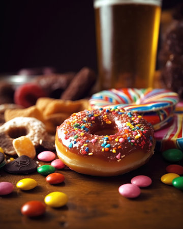 Colorful junk food snacks like chips, donuts, and candy laid out on a table with a cold beer bottle. Perfect for a party or bar scene.の素材