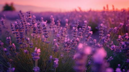 Beautiful violet lavender flowers swaying in the wind during sunset over a lavender field. This image captures the essence of lavender harvest, perfume making and aromatherapy with its delicate blooms and sweet fragrance.の素材