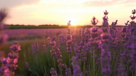 Beautiful violet lavender flowers swaying in the wind during sunset over a lavender field. This image captures the essence of lavender harvest, perfume making and aromatherapy with its delicate blooms and sweet fragrance.の素材