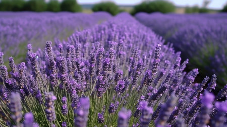 Beautiful violet lavender flowers swaying in the wind during sunset over a lavender field. This image captures the essence of lavender harvest, perfume making and aromatherapy with its delicate blooms and sweet fragrance.の素材