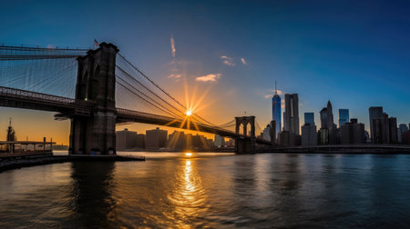 Stunning view of Brooklyn Bridge and the Manhattan skyline at sunrise, with warm colors filling the sky and reflecting on the East Riverの素材