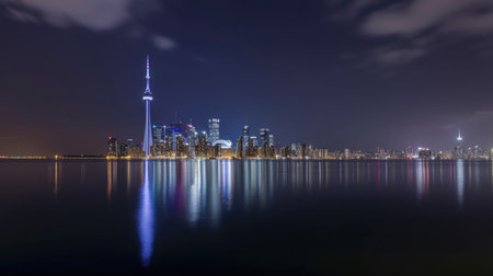 Panoramic view of the beautiful Toronto skyline at sunset, featuring the city's iconic buildings and landmarks. The CN Tower stands tall amidst the colorful sky and reflects on the calm waters of Lake Ontario. This stunning image captures the vibrant energy of Toronto, a modern and diverse metropolis in Canada.の素材