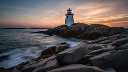 This image features the charming Small Castle Hill Lighthouse located on the rocky coastline of Newport, Rhode Island. The lighthouse is set against a beautiful sunset sky with waves gently crashing against the rocks. A perfect image for coastal and lighthouse enthusiasts.の素材