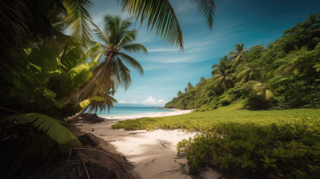 A beautiful tropical scene with palm trees, white sand, and turquoise water. The perfect backdrop for summer holidays and relaxation.の素材