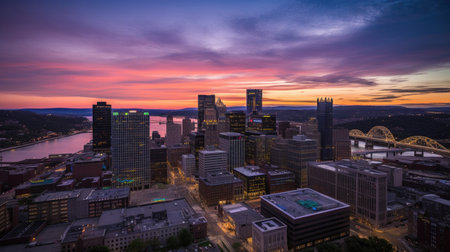 A stunning view of downtown Pittsburgh, Pennsylvania at sunset. The city's iconic buildings and bridges are silhouetted against a colorful sky, reflecting on the water below. A perfect representation of the Steel City's unique charmの素材
