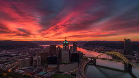 A stunning view of downtown Pittsburgh, Pennsylvania at sunset. The city's iconic buildings and bridges are silhouetted against a colorful sky, reflecting on the water below. A perfect representation of the Steel City's unique charmの素材
