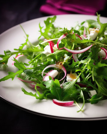 Close-up view of a healthy and refreshing spring salad made with fresh rucola, crumbled feta cheese and sliced red onion, topped with a light dressing. Perfect for a light lunch or dinner.の素材