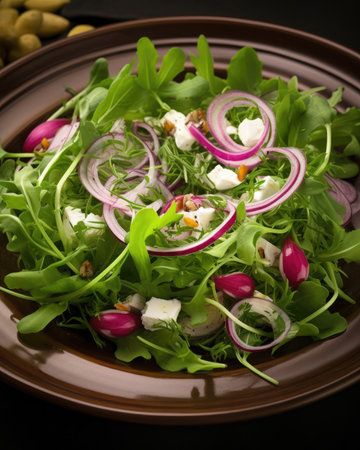 Close-up view of a healthy and refreshing spring salad made with fresh rucola, crumbled feta cheese and sliced red onion, topped with a light dressing. Perfect for a light lunch or dinner.の素材