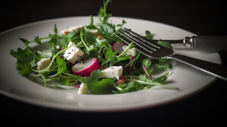 Close-up view of a healthy and refreshing spring salad made with fresh rucola, crumbled feta cheese and sliced red onion, topped with a light dressing. Perfect for a light lunch or dinner.の素材