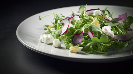 Close-up view of a healthy and refreshing spring salad made with fresh rucola, crumbled feta cheese and sliced red onion, topped with a light dressing. Perfect for a light lunch or dinner.の素材