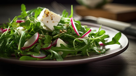 Close-up view of a healthy and refreshing spring salad made with fresh rucola, crumbled feta cheese and sliced red onion, topped with a light dressing. Perfect for a light lunch or dinner.の素材