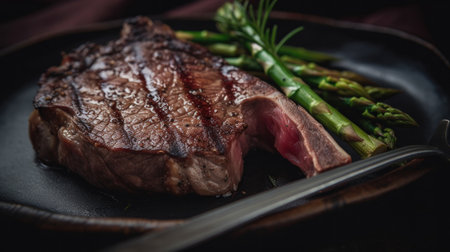 Juicy and flavorful medium rare grilled tomahawk beef steak served with fresh green asparagus. Perfect for a fancy dinner or special occasion.