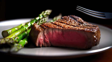 Juicy and flavorful medium rare grilled tomahawk beef steak served with fresh green asparagus. Perfect for a fancy dinner or special occasion.の素材