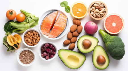 A collection of healthy food items including fruits, vegetables, and lean protein sources, arranged on a white background. These foods are great for a heart-healthy, cholesterol-lowering, and diabetes-friendly diet. Perfect for health and nutrition concepts.の素材