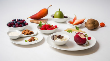 A collection of healthy food items including fruits, vegetables, and lean protein sources, arranged on a white background. These foods are great for a heart-healthy, cholesterol-lowering, and diabetes-friendly diet. Perfect for health and nutrition concepts.の素材
