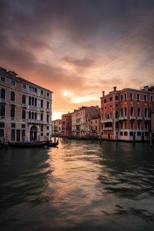 A stunning panoramic view of the famous Canal Grande and the beautiful Basilica di Santa Maria della Salute at sunset in Venice, Italy. The gondolas and boats on the canal add to the romantic and magical atmosphere of the city.の素材