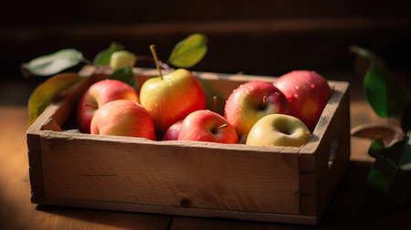 A wooden box full of fresh apples sits on a table, surrounded by autumn leaves and a rustic background. This image captures the essence of fall and the bountiful apple harvest.の素材